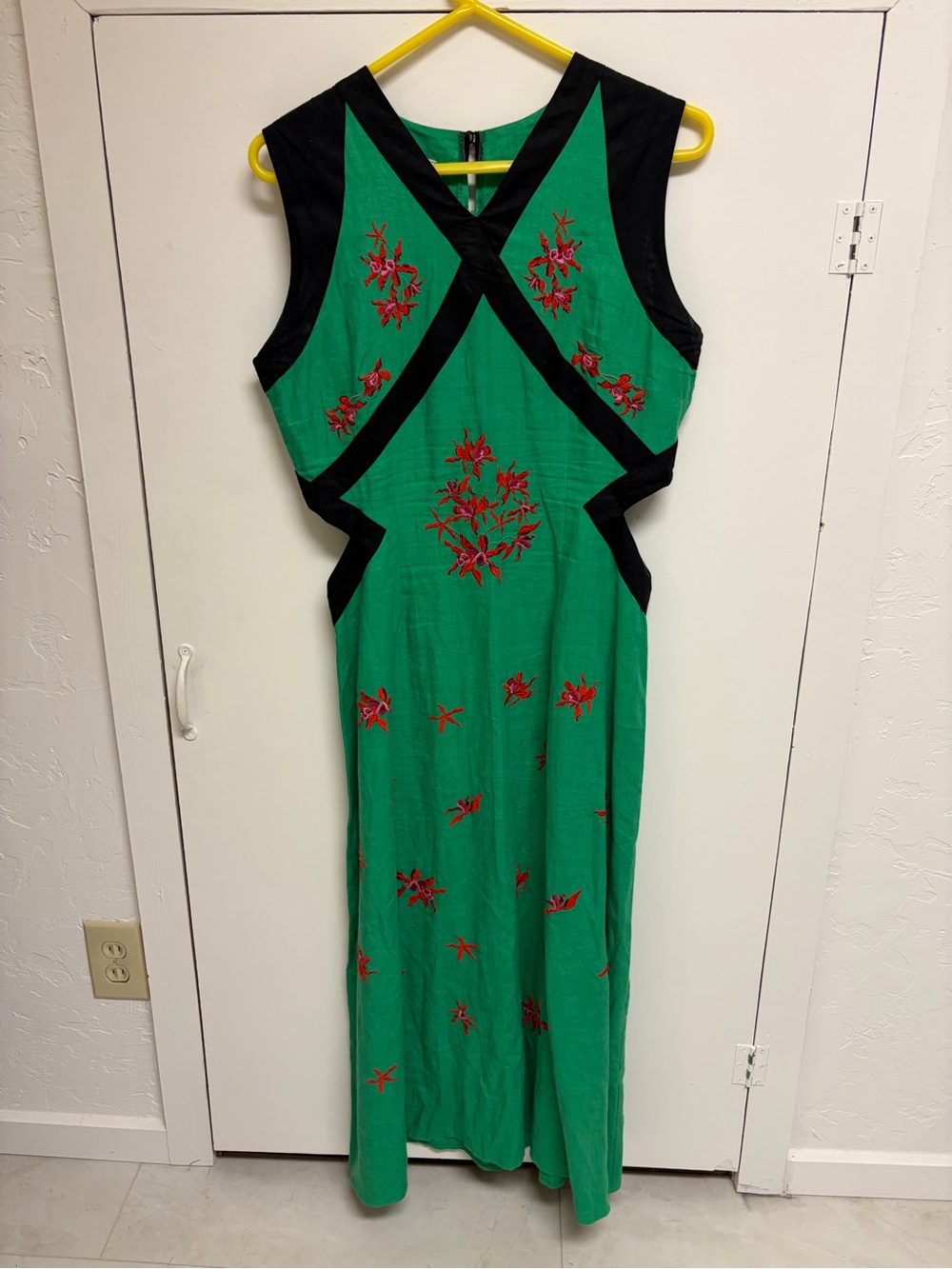 Fanm Mon Green One-Shoulder Maxi Dress with Red Embroidery and Black Trim